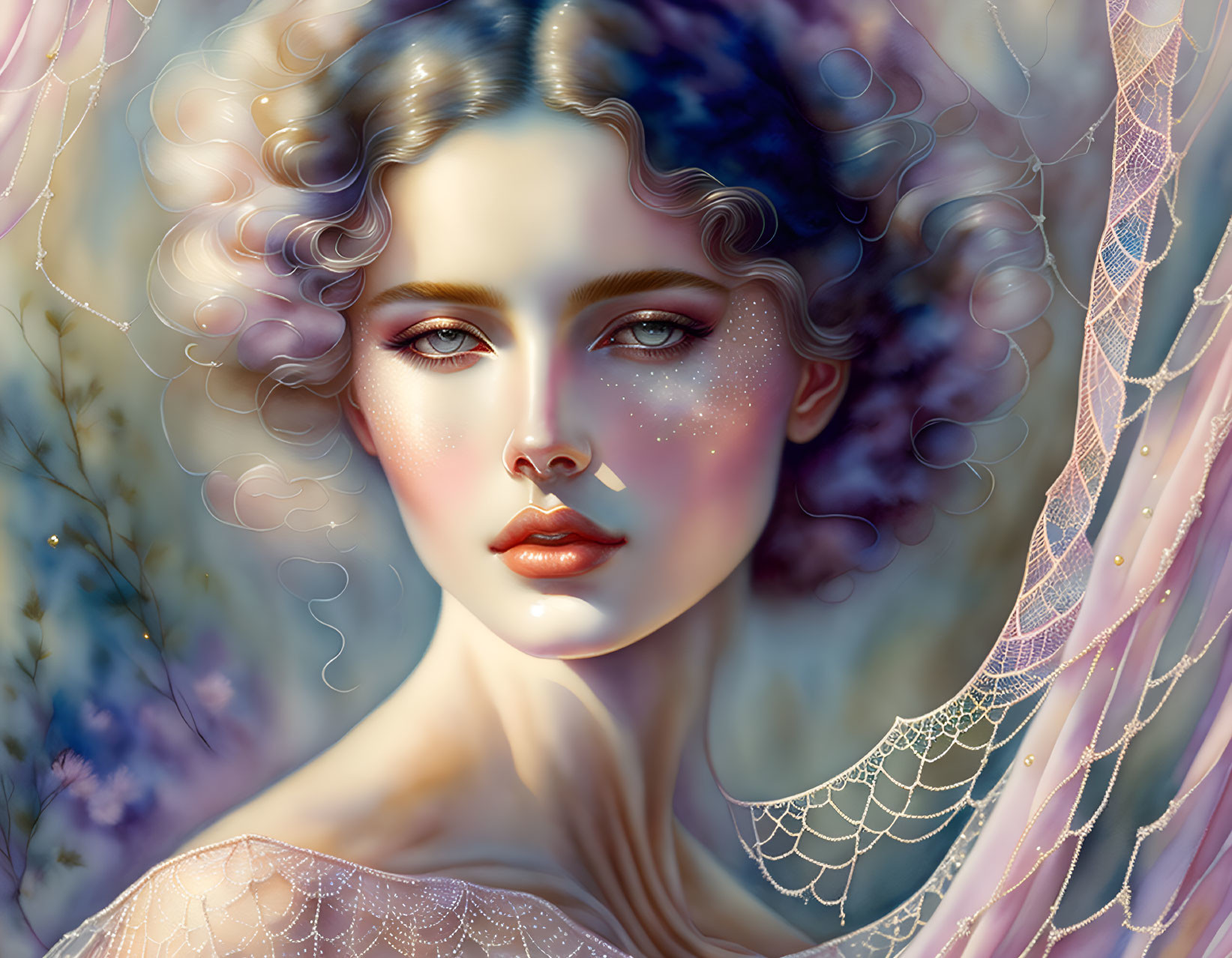 Illustrated portrait: Woman with curly hair, freckles, and translucent shawl in fantasy setting