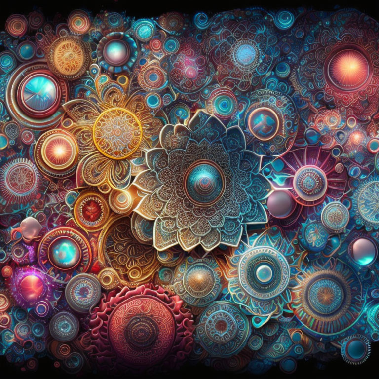 Intricate digital artwork: Vibrant mandala patterns with cosmic backdrop