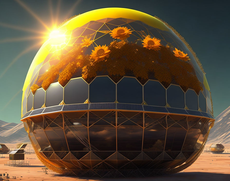 Futuristic dome with golden top and flower decorations in desert setting