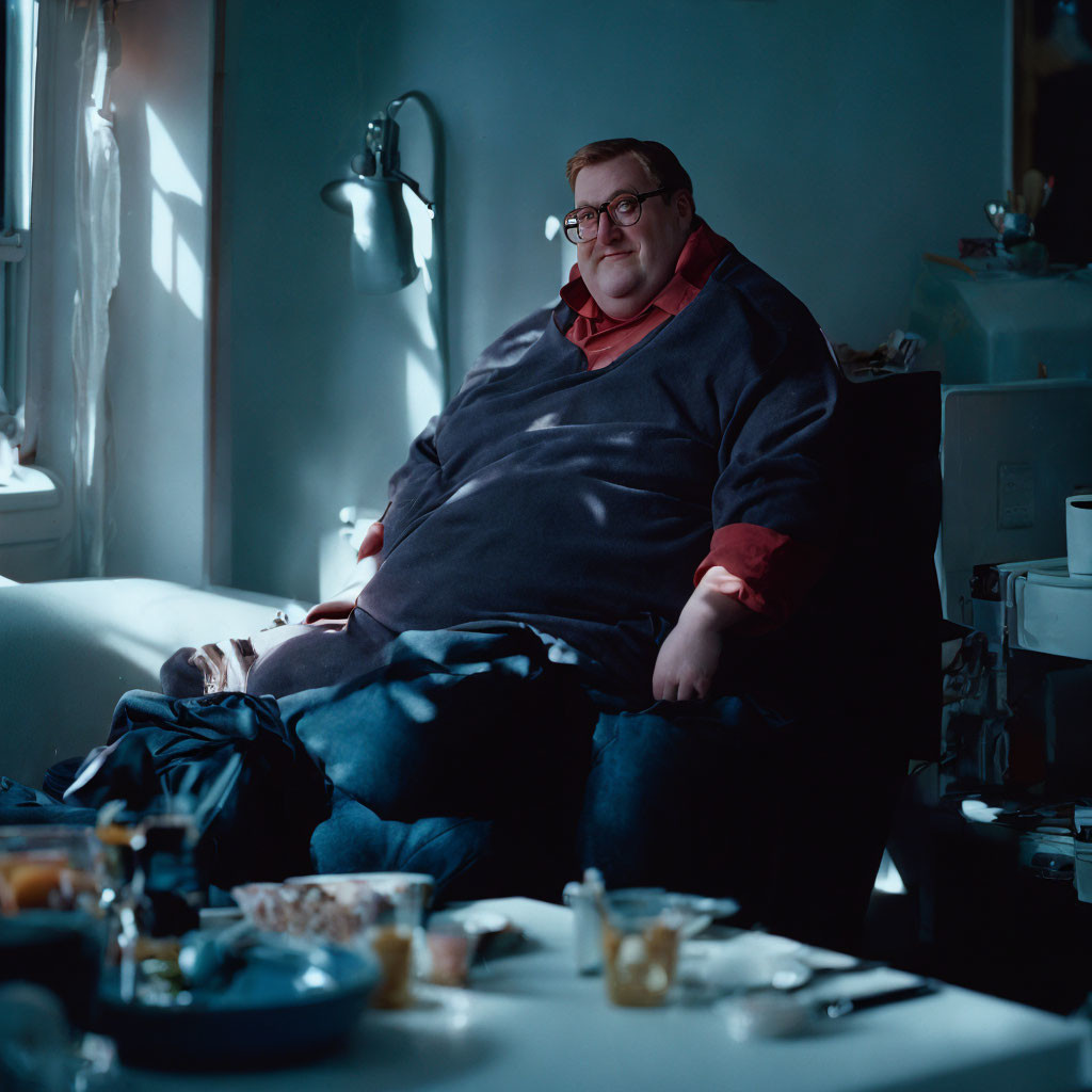 Pensive man in blue sweater and red scarf in dimly lit room