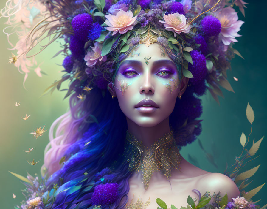 Fantasy portrait of woman with floral headdress and purple makeup