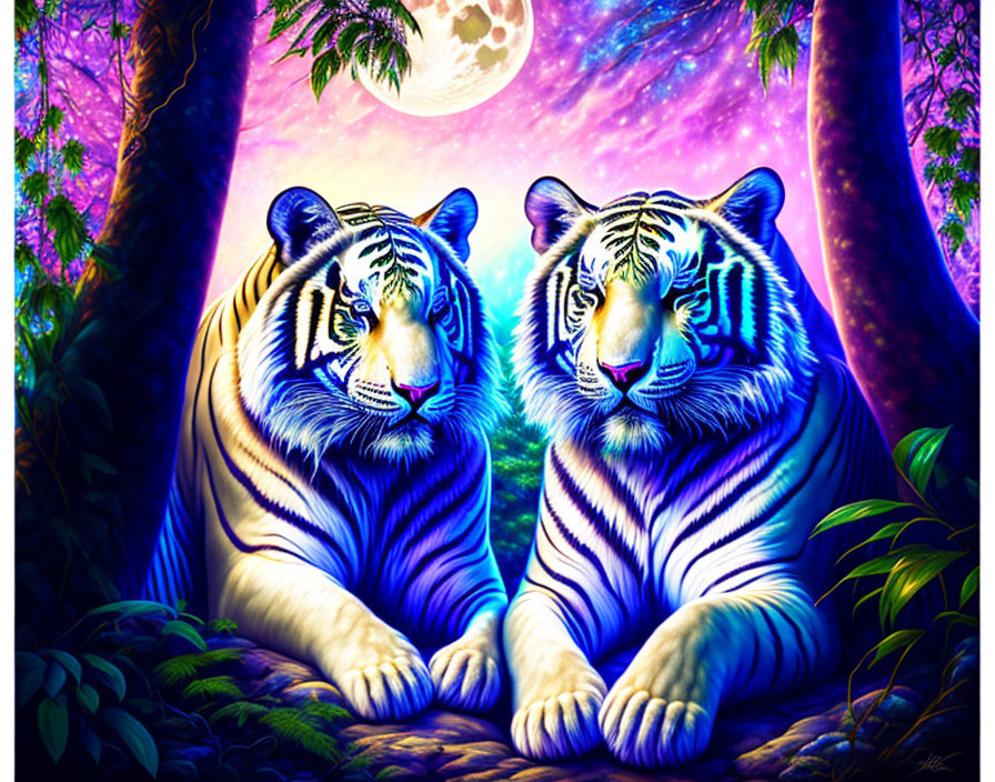 Vibrant colorful tigers under full moon in lush purple and blue jungle