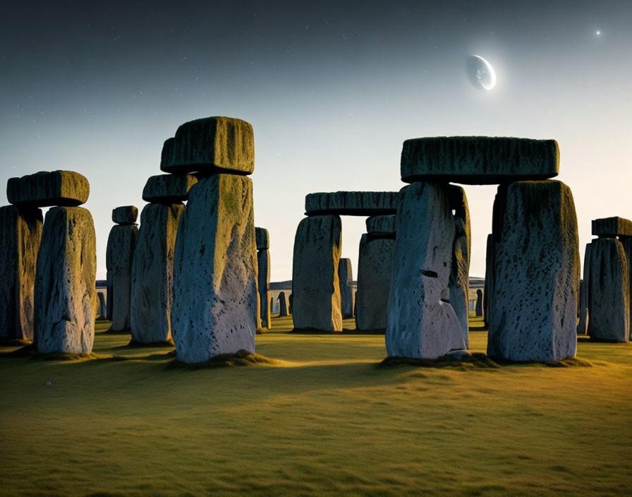 Ancient stone circle under crescent moon and stars