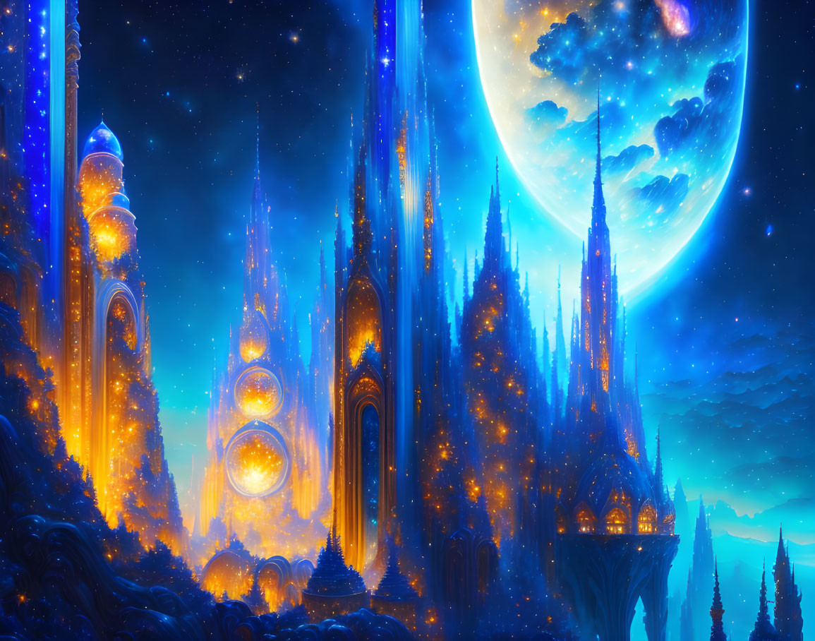 Ethereal fantasy city with glowing structures under starry sky