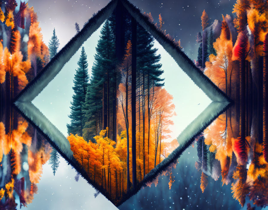 Autumn forest collage with pine trees, foliage, bird, geometric frames, starry sky