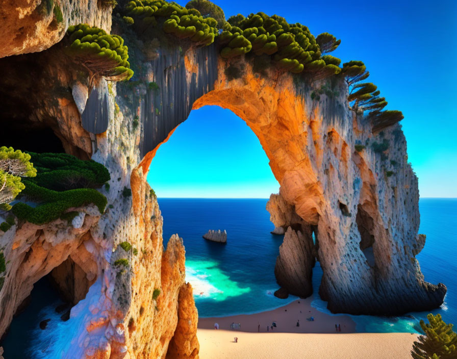 Majestic limestone arch and beach with azure sea