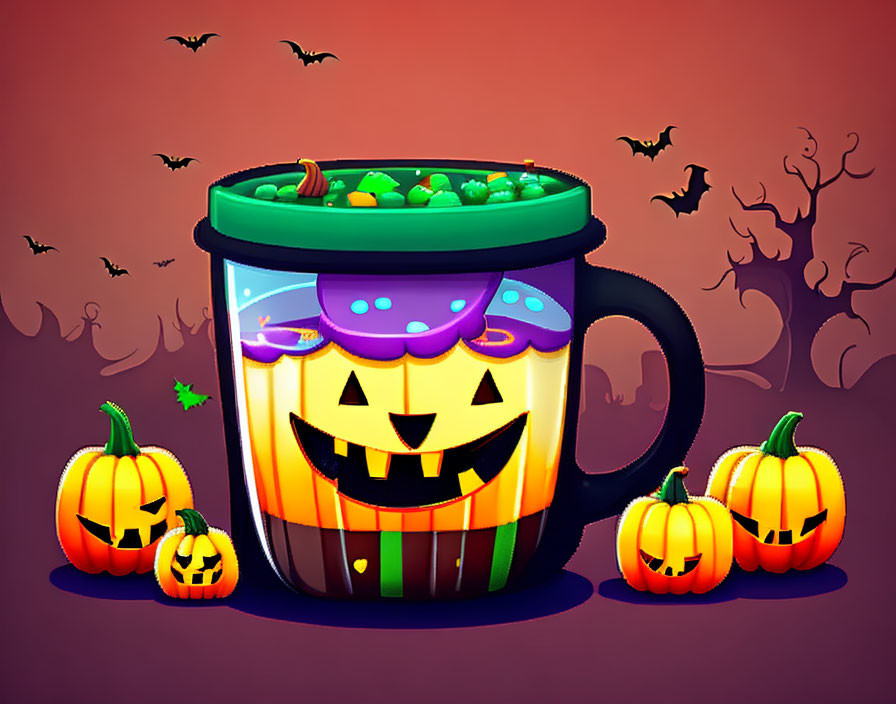 Cheerful pumpkin cup with candy surrounded by bats and pumpkins