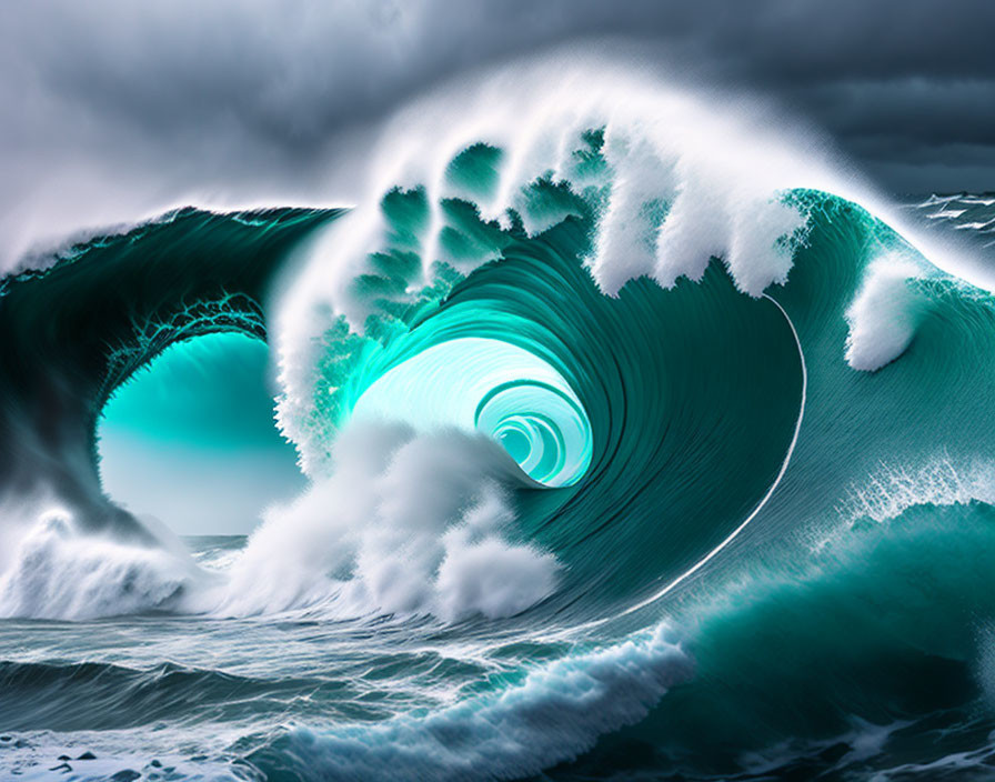 Turquoise Ocean Wave Curling in Stormy Sky Background