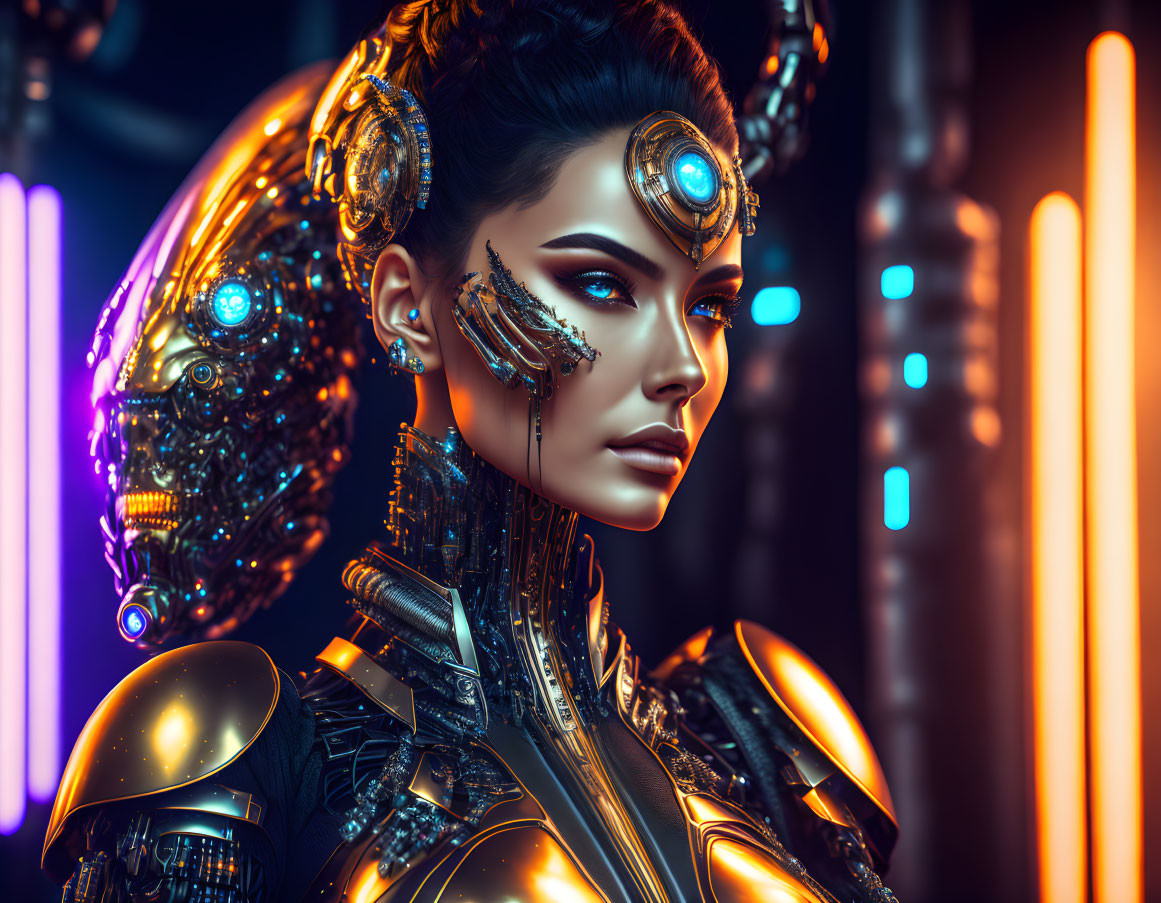 Futuristic female android with glowing eyes and cybernetic enhancements