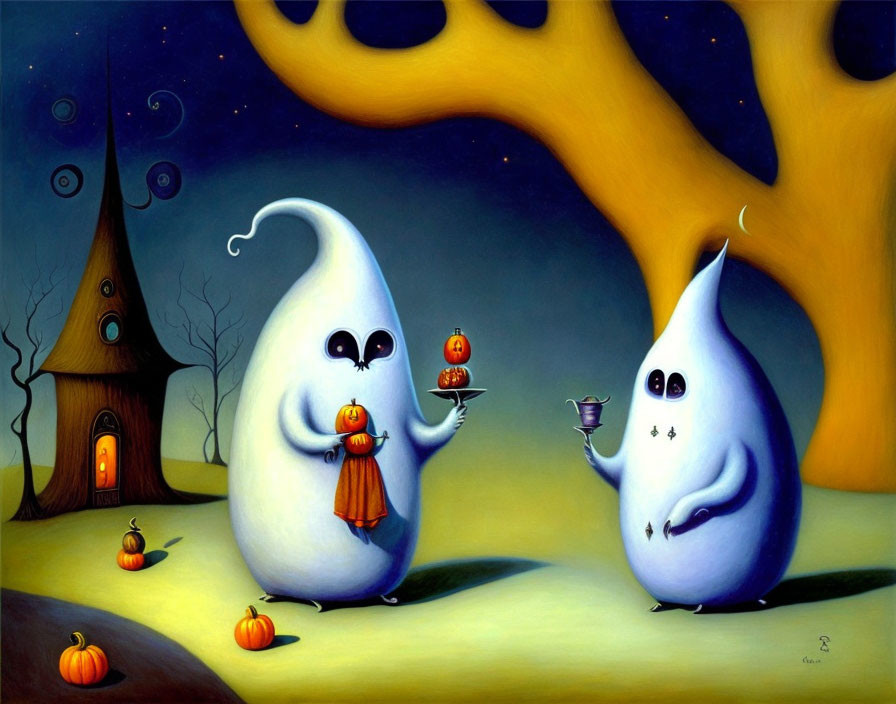 Whimsical Halloween scene with ghosts and pumpkins