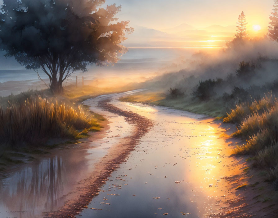 Misty Sunrise Landscape with Winding Path