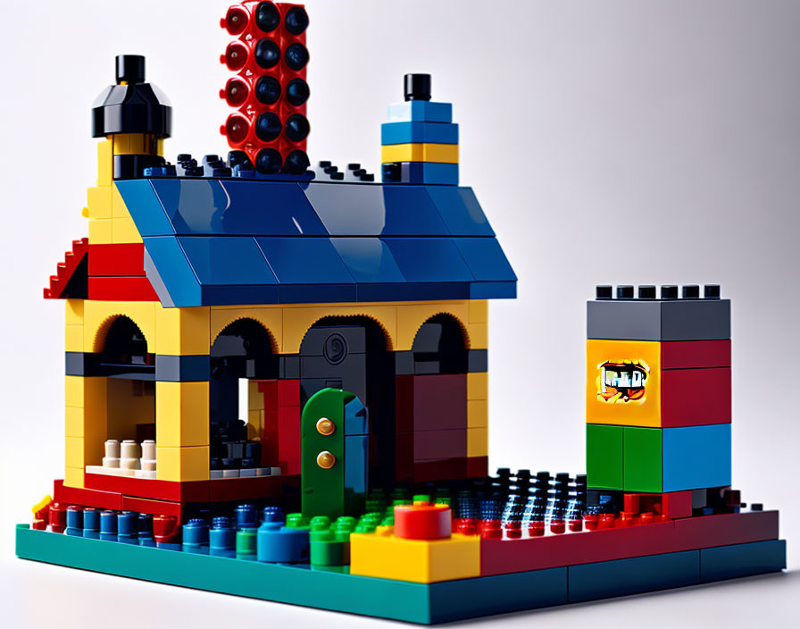 Vibrant Lego house with red and blue roof, green door, and flag