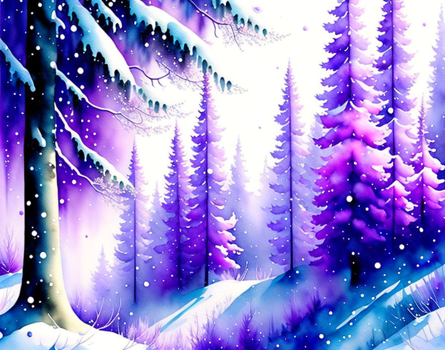 Colorful Winter Forest Scene with Snow-Covered Trees