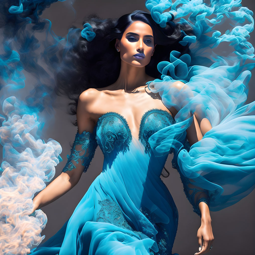 Woman in flowing blue dress with intricate details in mystical setting