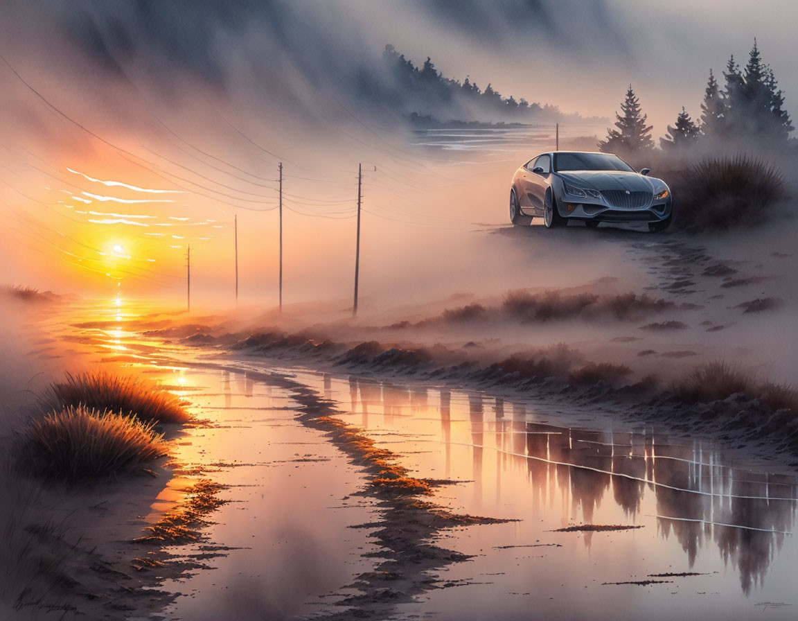 White Sports Car Parked on Misty Wet Road at Sunrise with Golden Sunlight Reflecting on Water