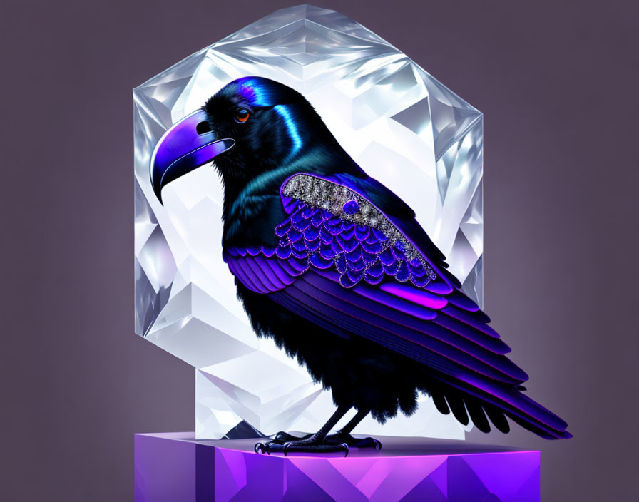 Purple Raven Perched on Crystal in Digital Art