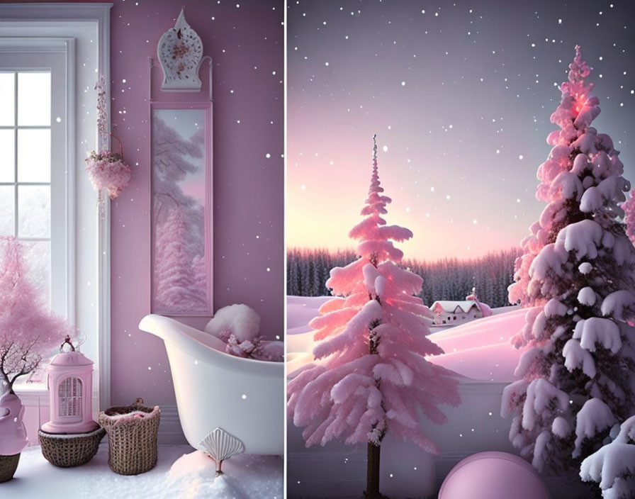 Snow-covered trees and pink winter bathtub scene at dusk