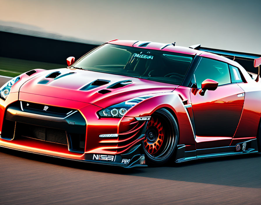 Customized red and black Nissan GT-R with wide-body kit and spoiler racing on track at dusk