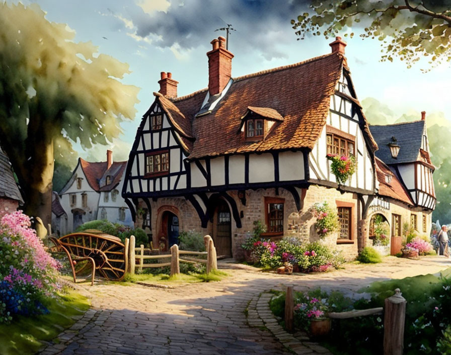 Medieval-style half-timbered houses in lush garden setting