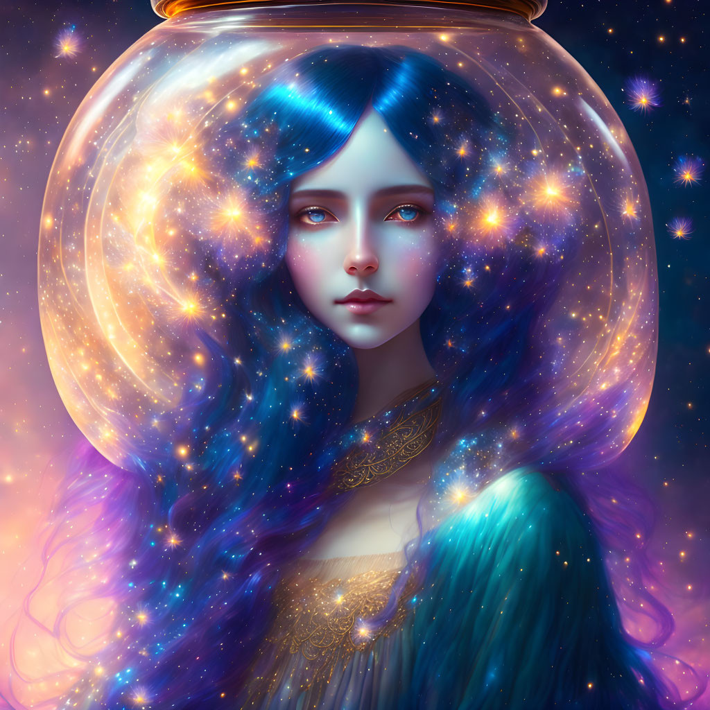 Fantastical artwork: Woman with galaxy hair in glass jar on cosmic background