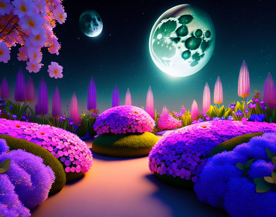 Whimsical night garden with purple and pink flowers under starry sky