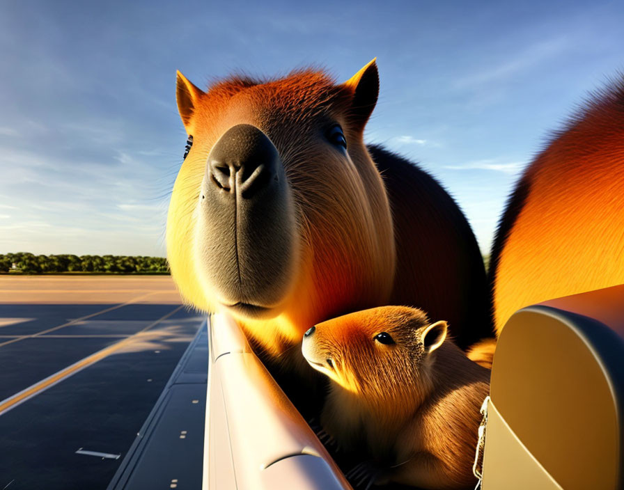 Digital artwork of capybaras at airport with oversized one looking into plane cabin