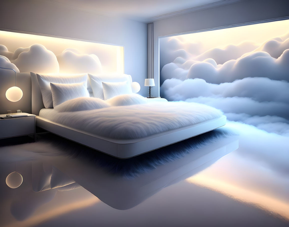 Surreal bedroom with floating bed, fluffy clouds, shiny floor, and tranquil ambiance