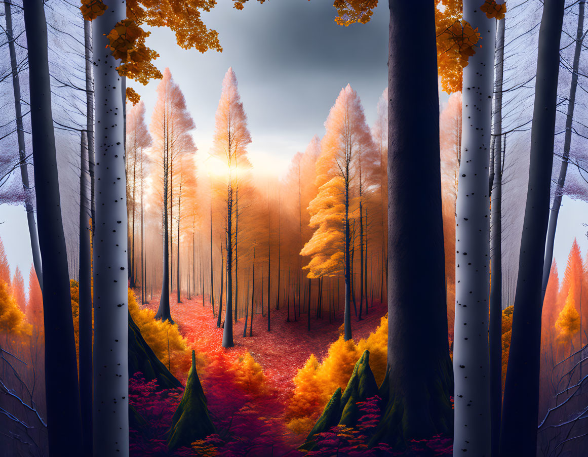 Sunlit Autumn Forest Clearing with Towering Trees