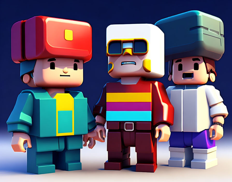 Stylized characters with blocky proportions and oversized helmets in colorful outfits on blue background