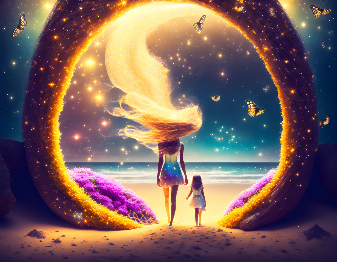 Woman and child in surreal beach portal with butterflies and cosmic elements