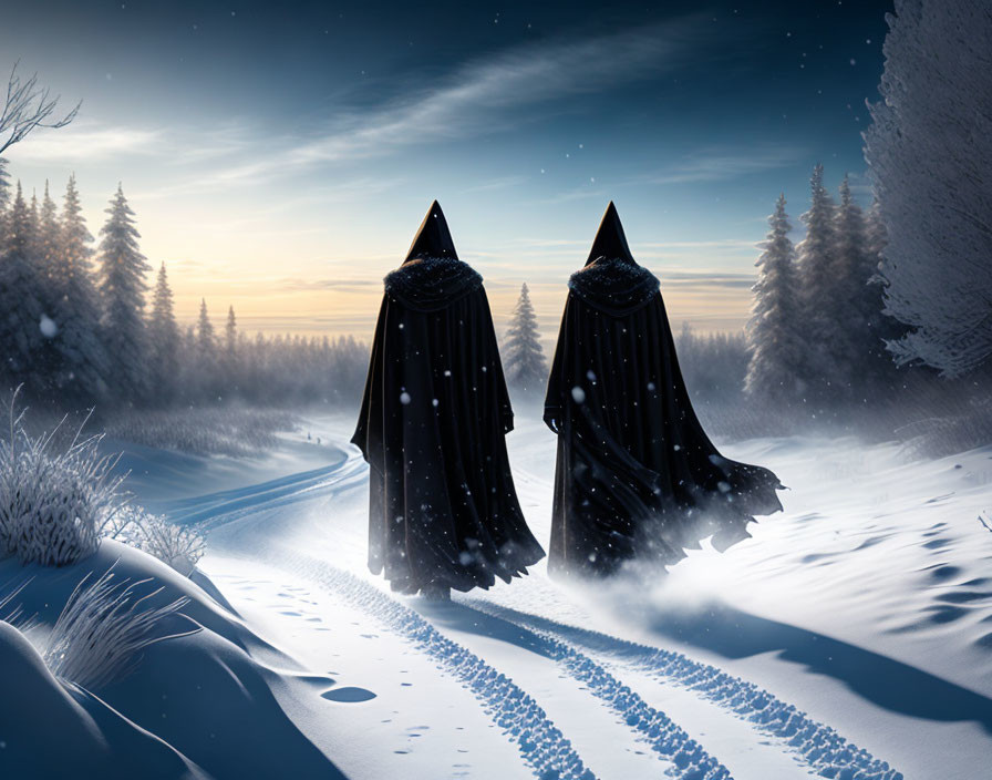 Mysterious figures in black cloaks walk in snowy night landscape