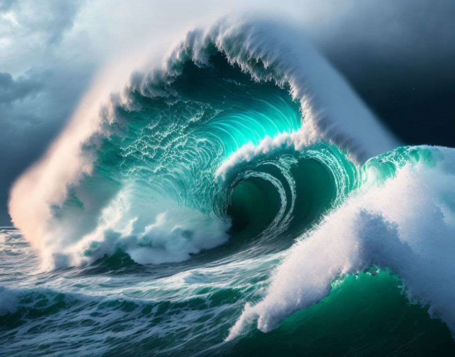 Giant Wave Curling in Turquoise and Green Under Stormy Sky