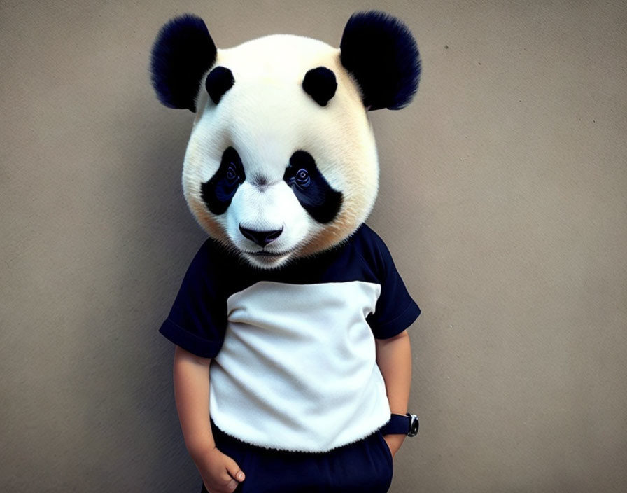 Person wearing panda head mask and watch on plain background