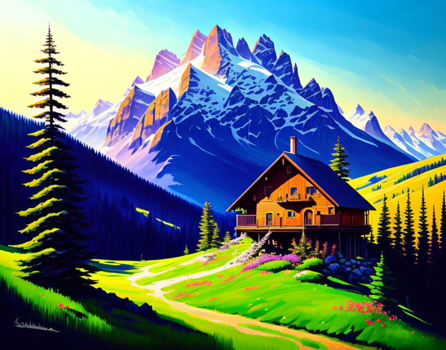 Colorful Painting of Wooden House in Mountain Landscape