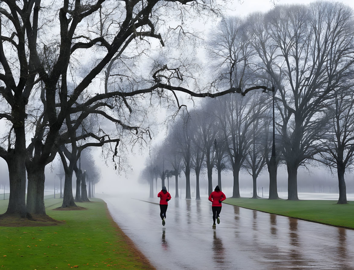 Two people jogging on a wet path in red tops surrounded by foggy trees.