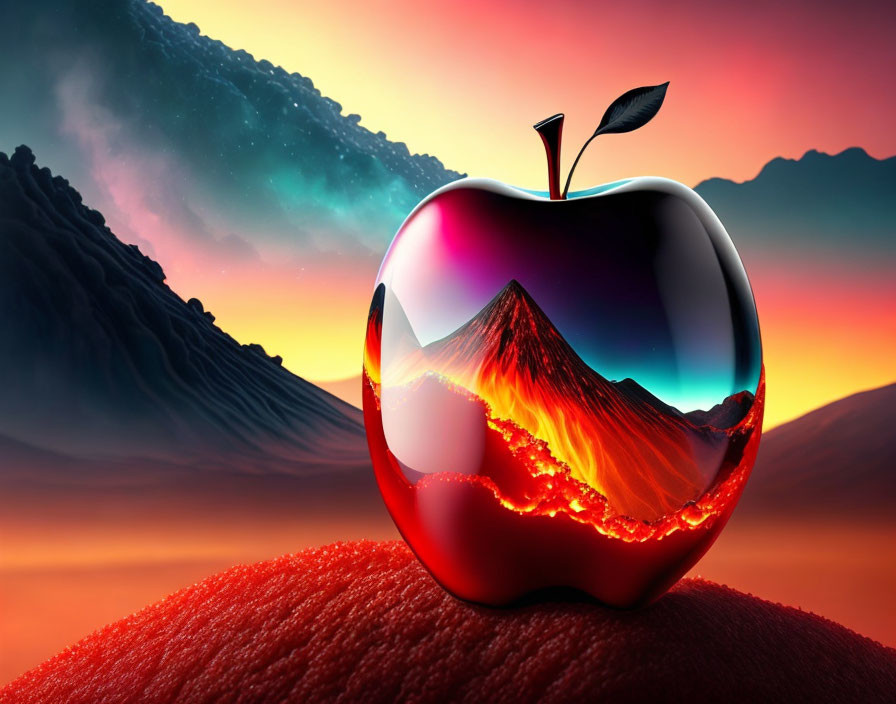 Red Apple Silhouette with Mountain and Lava Landscape Background