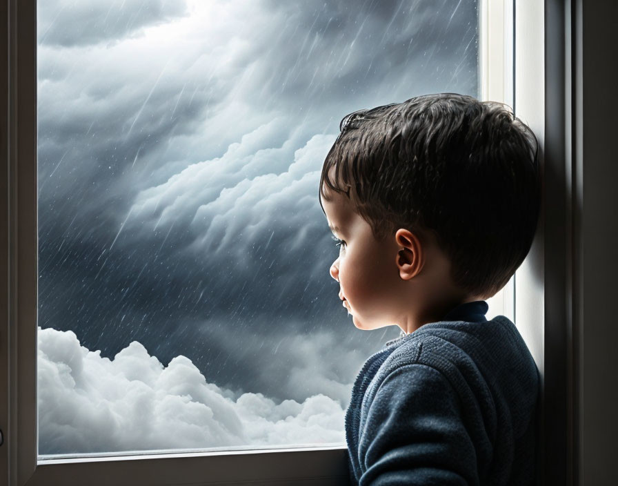 Young boy looking out window at stormy sky with rain and dark clouds.