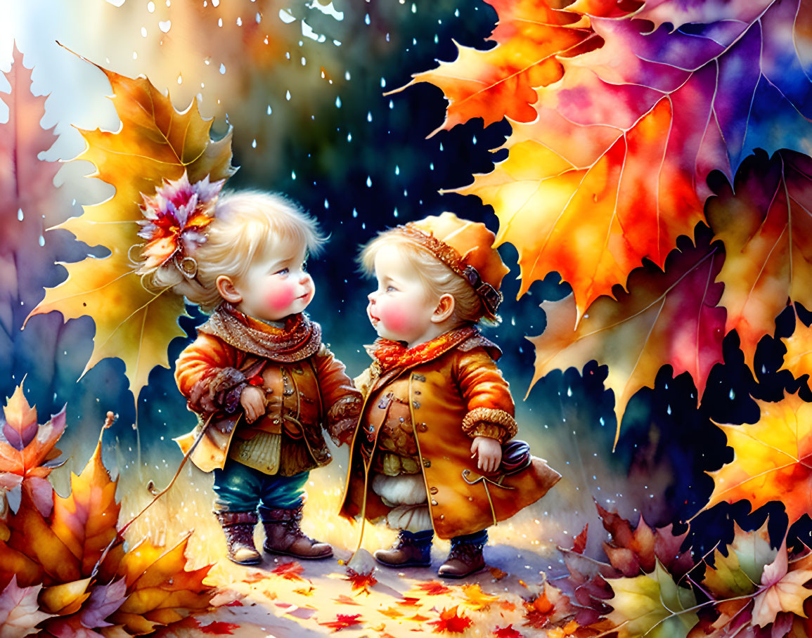 Animated children in fall attire surrounded by vibrant leaves and snowflakes.