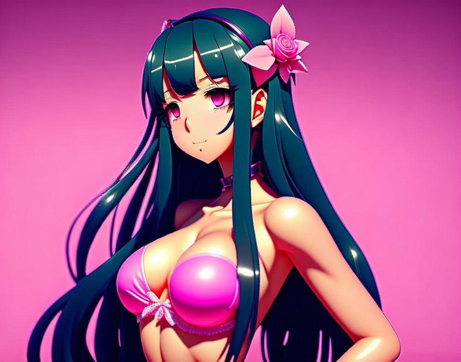 Illustrated Female Character with Long Black Hair in Pink Bikini Top