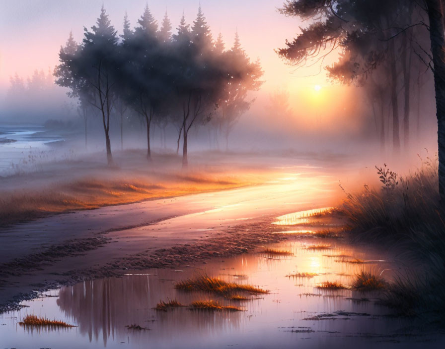 Tranquil sunrise over misty forest with sunlit puddles