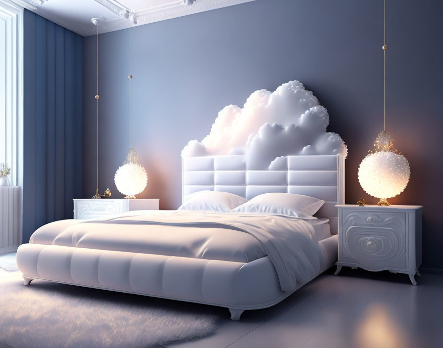 Serene blue wall complements plush white bed in dreamy bedroom