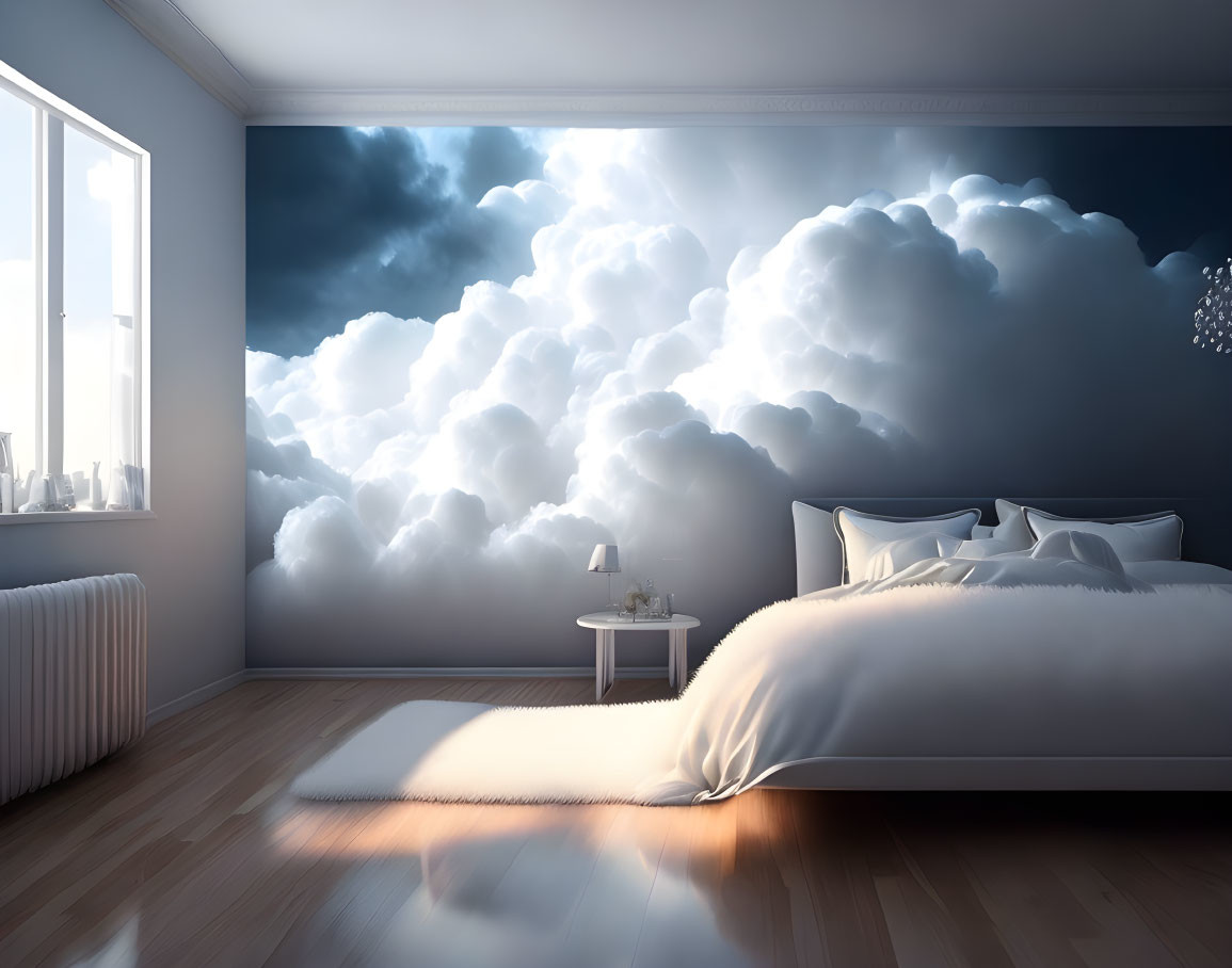 Realistic cloud mural in serene bedroom setting