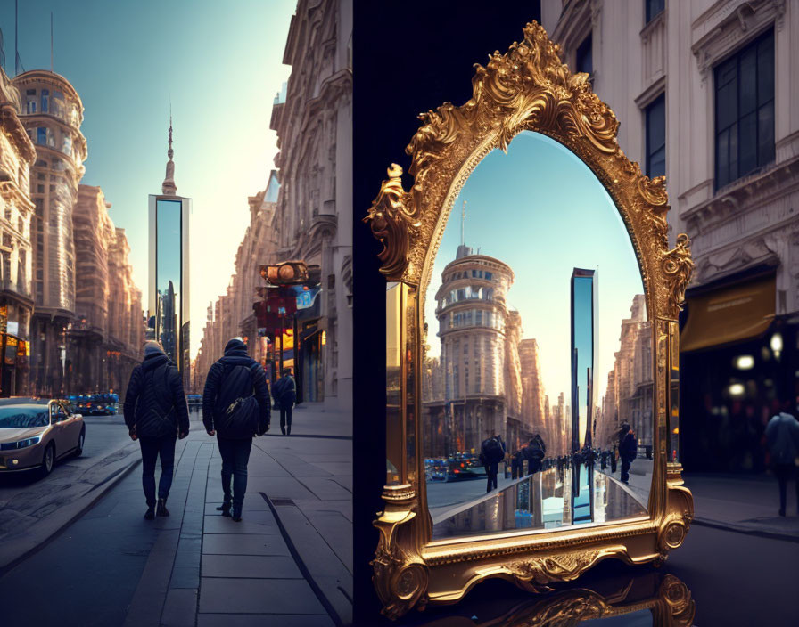 Golden ornate mirror reflects city sidewalk with pedestrians, creating warmer ambiance.