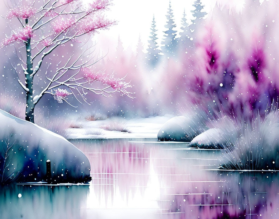 Pink blossoming trees in serene winter landscape