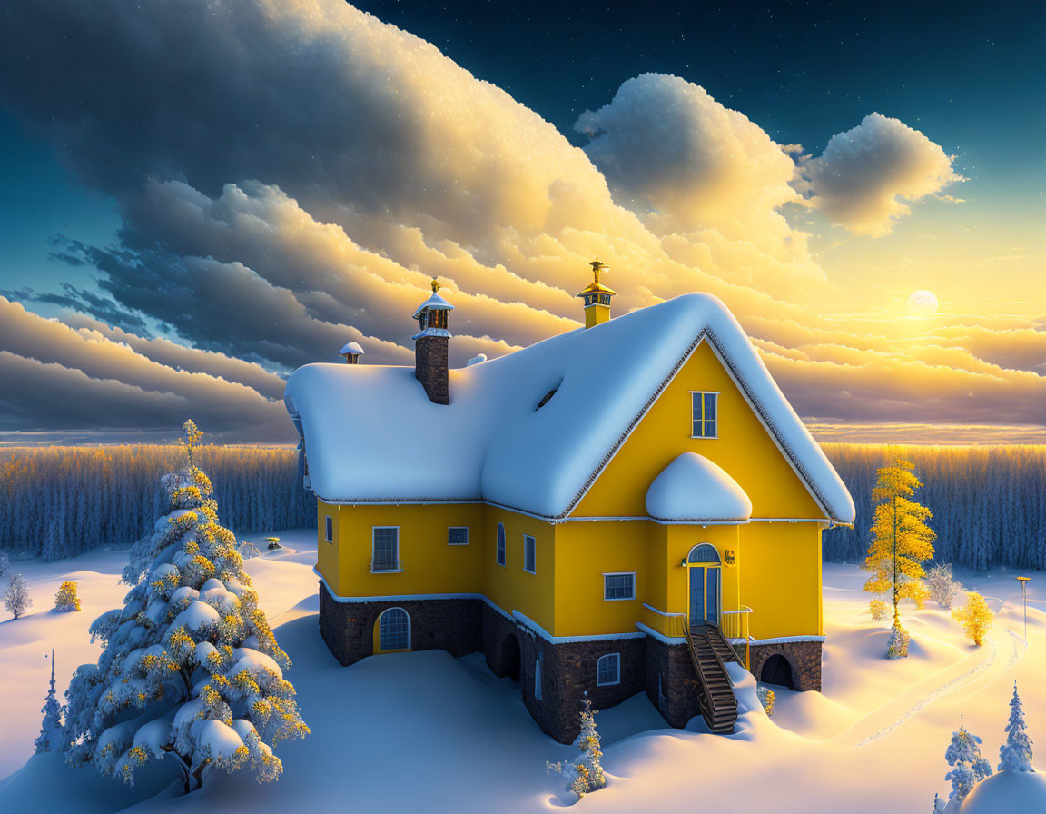 Yellow house in snowy landscape with dramatic twilight sky