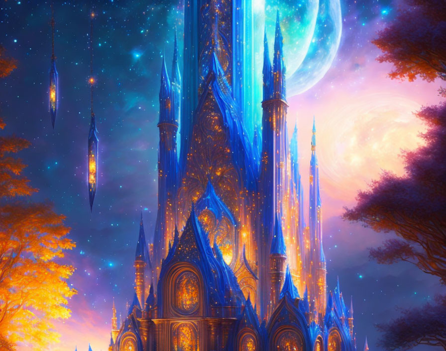 Majestic fantasy castle with spires under moonlit sky