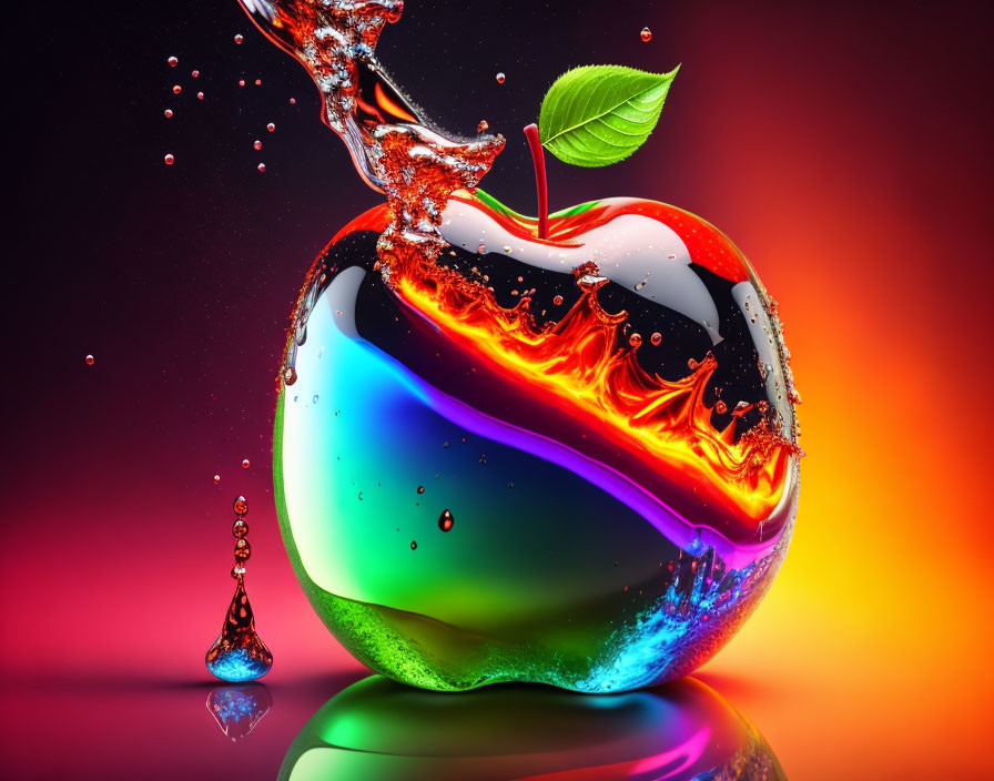 Vibrant apple surrounded by flames and water splashes on gradient backdrop