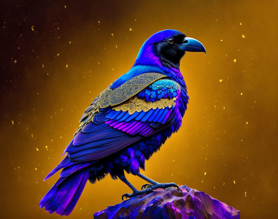 Colorful digital artwork: Blue bird with golden patterns on rock in orange backdrop