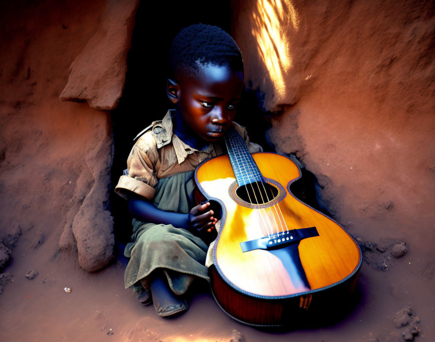 Child with guitar sitting by mud wall in sunlight