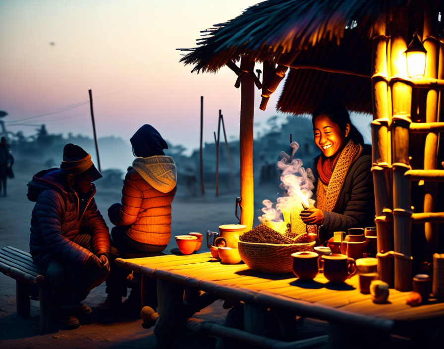 Group of People Sitting Under Thatch Structure at Twilight